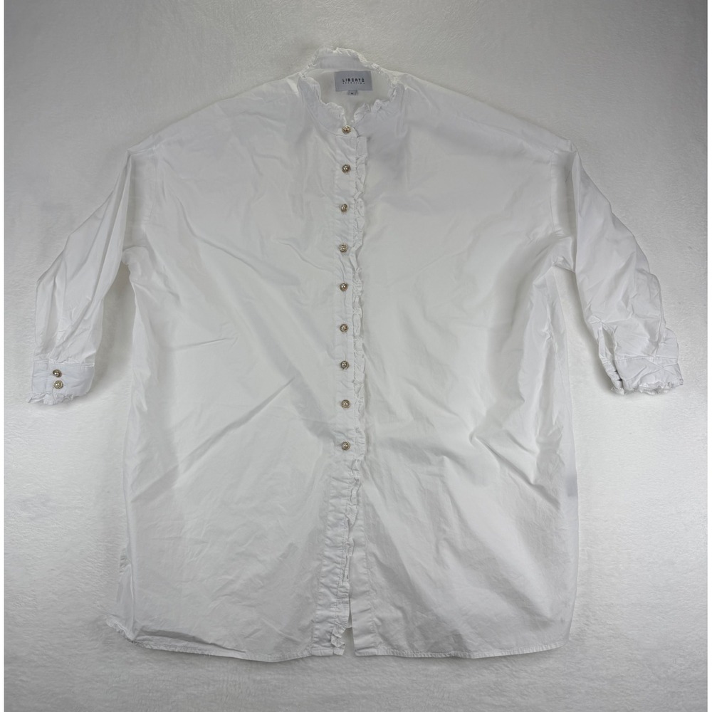 Liberte Essentiel White Ruffle Pearl Button‎ Oversized Tunic Shirt XL Longline